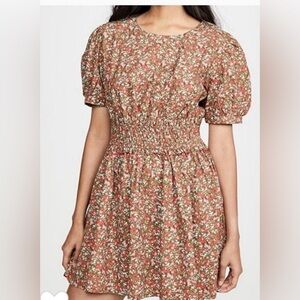 FREE PEOPLE Green Red Floral Pennie Puffed Sleeve Mini Dress Size Small S Womens